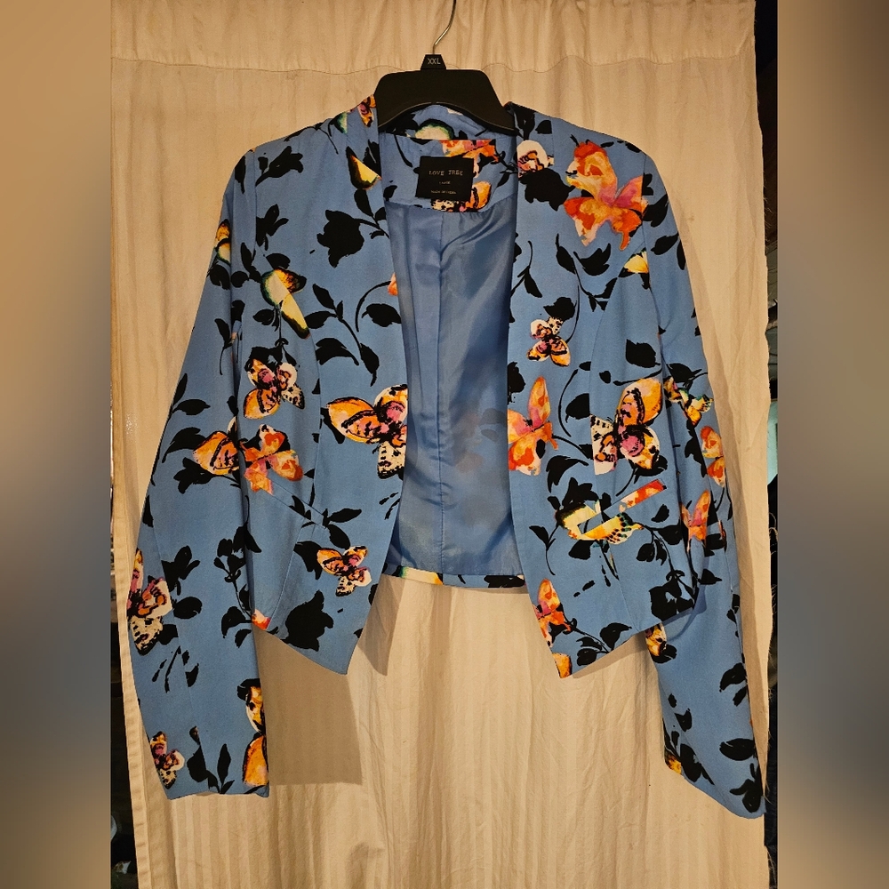Love Tree Blue Floral Blazer with Butterfly Accents